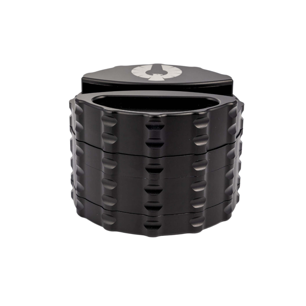 Phoenician 4 Piece Large weed grinder with built-in paper holder and ashtray in sleek black design.