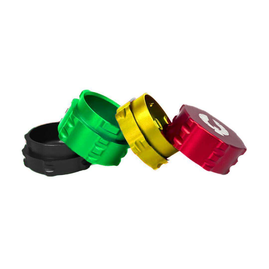 Colorful 4 piece herb grinder set designed for cannabis enthusiasts in red, green, black, and gold.