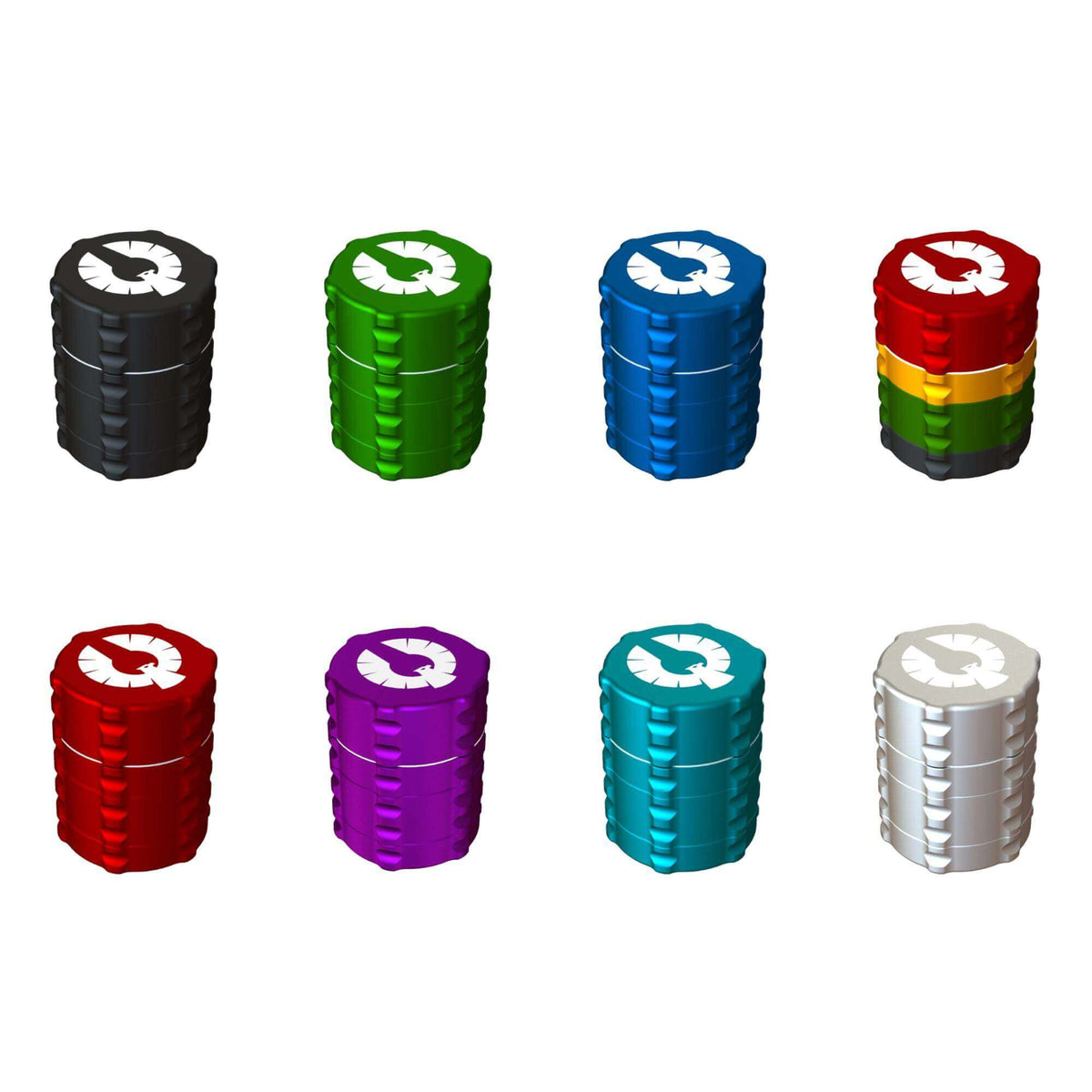 Colorful 4 piece herb grinders displayed in various colors including black, green, blue, red, purple, teal, and silver.