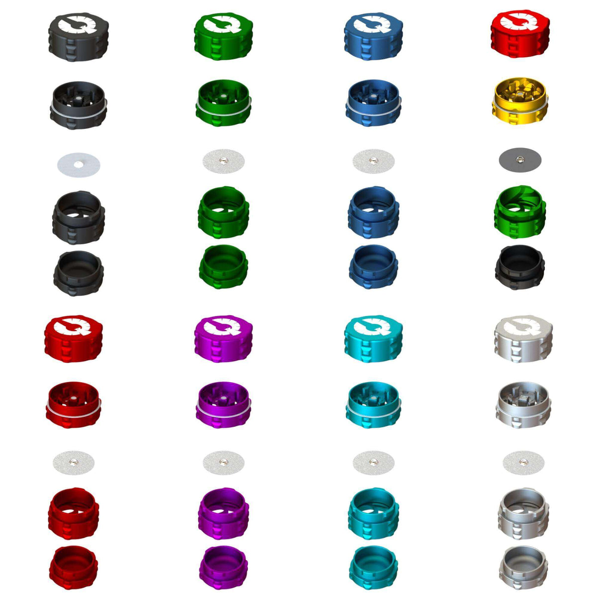 Collection of small 4 piece herb grinders in various colors and designs, showcasing innovative grinding features.