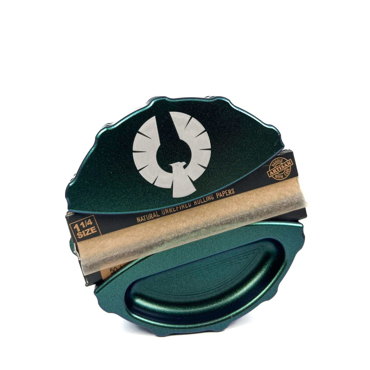 Unique green and blue rolling paper holder with natural unrefined rolling papers, ideal for stylish smoking accessories.