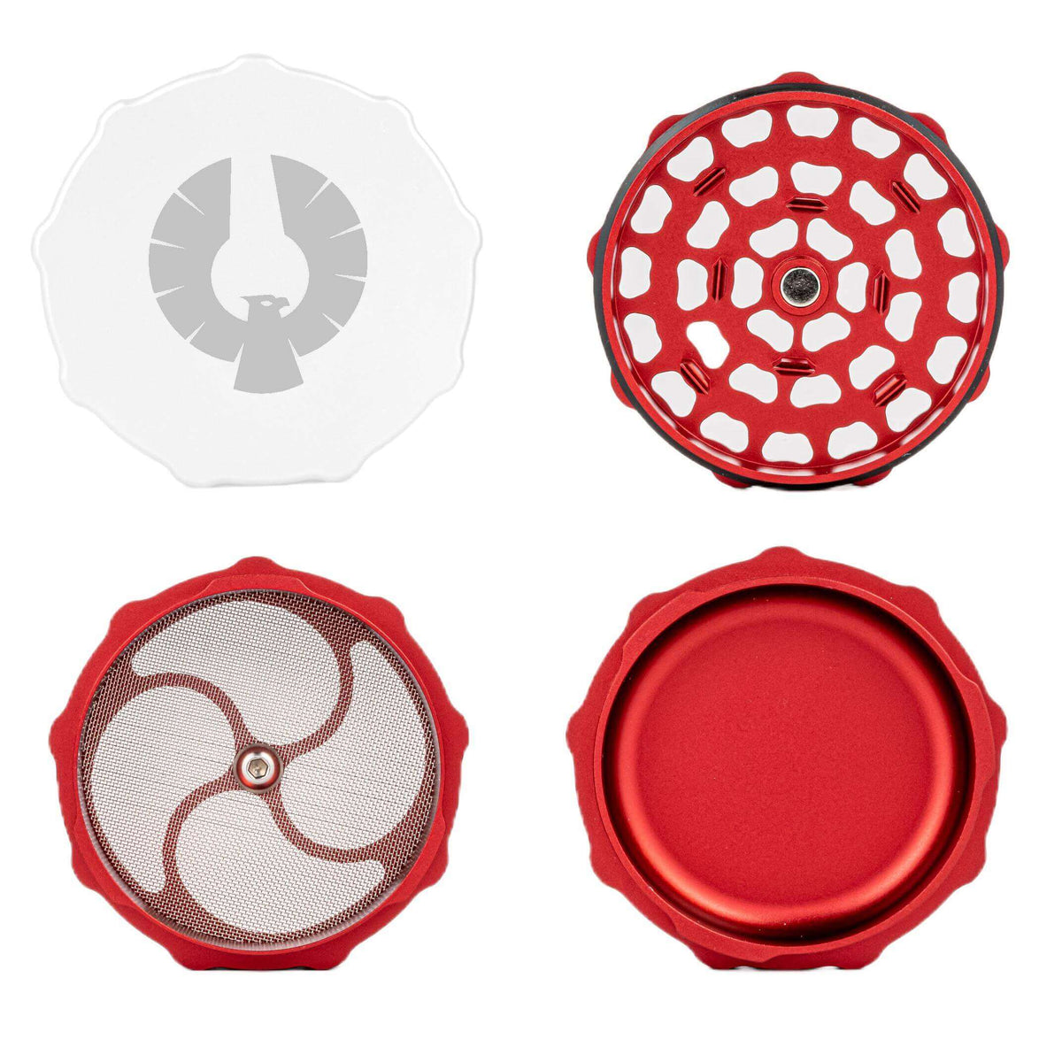 Unique Blood Moon herb grinder showcasing white and red design, perfect for cannabis connoisseurs and smoking accessories.