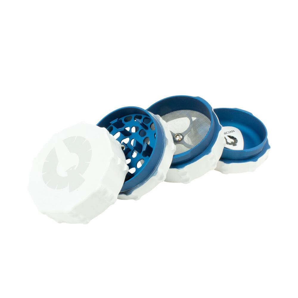 Limited Edition Blue Moon Grinder in white and blue, showcasing precision-engineered design for smooth cannabis grinding.