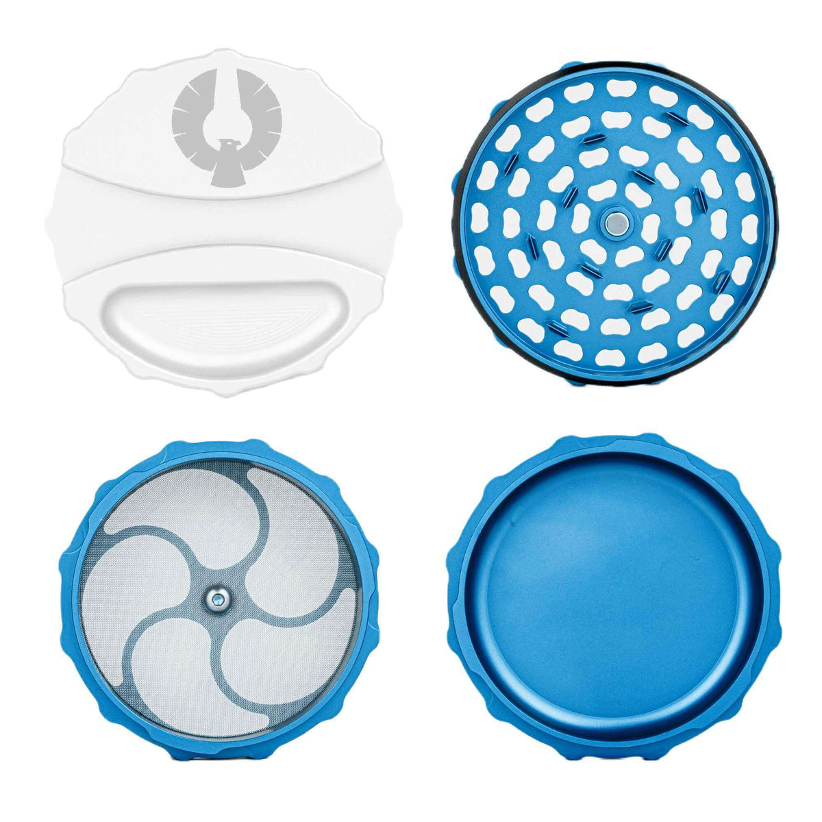 Limited Edition Blue Moon Grinder showing white exterior and blue interior, ideal cool weed grinder online for cannabis enthusiasts.