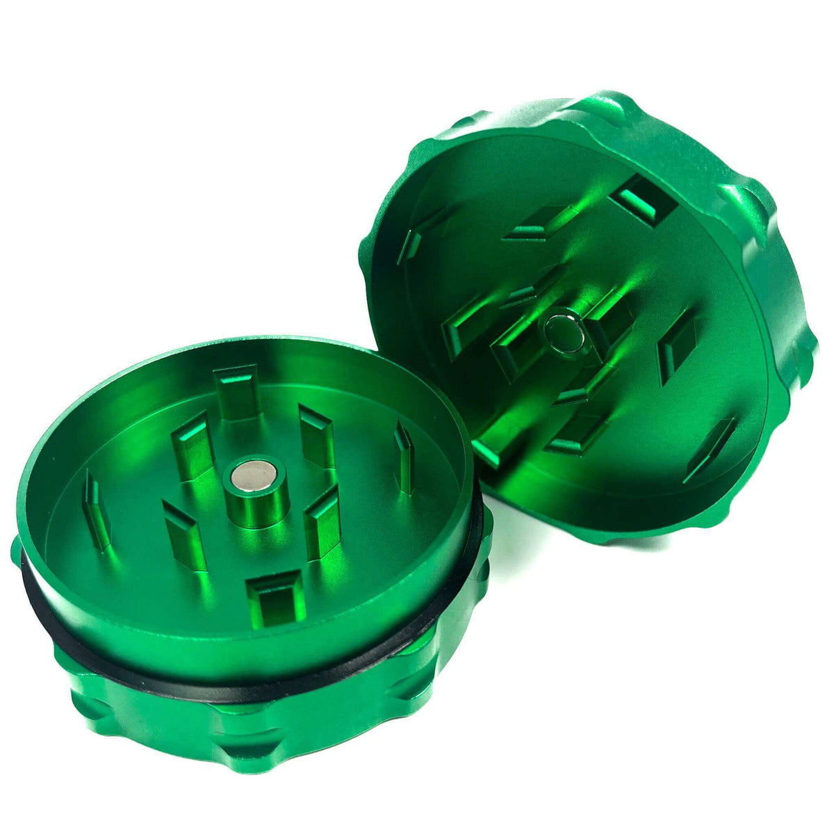 Custom two-piece green weed grinder made from aerospace-grade aluminum for dispensaries. Durable and precision-engineered.