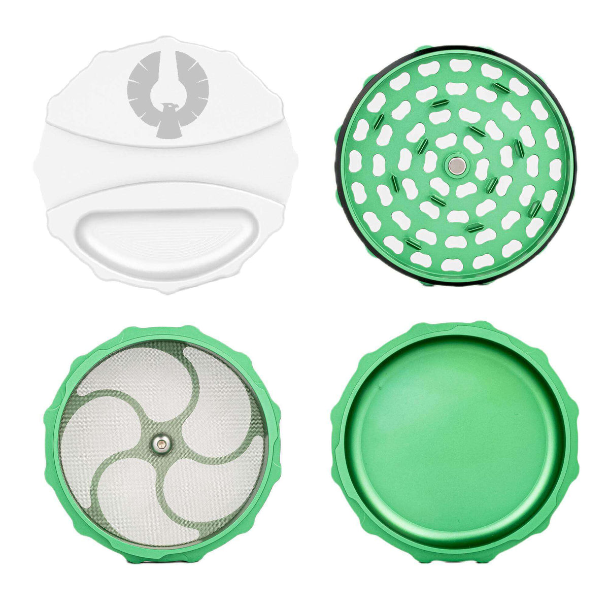 Limited Edition Harvest Moon white herb grinder showcasing a green interior and precision-engineered design for cannabis enthusiasts.