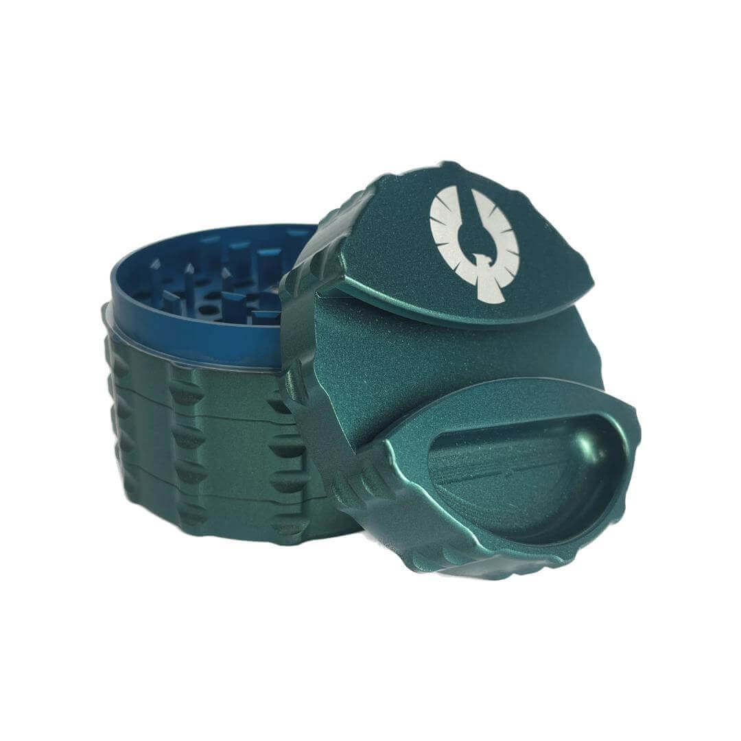 Limited Edition Neptune Grinder in green, showcasing unique design and minor imperfections, perfect for weed enthusiasts.