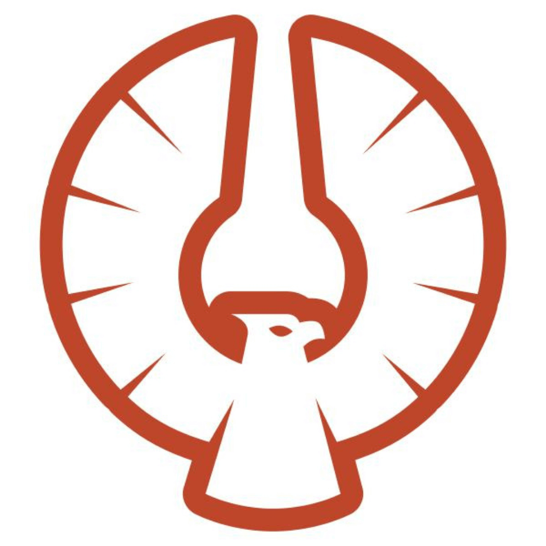 Logo featuring a stylized eagle and shell design in red and white colors, representing strength and heritage.