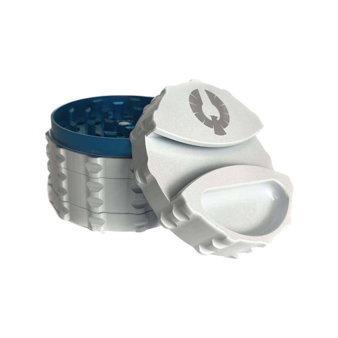 Limited Edition Stardust Grinder with pearl white exterior and teal interior, perfect custom weed grinder for dispensary.