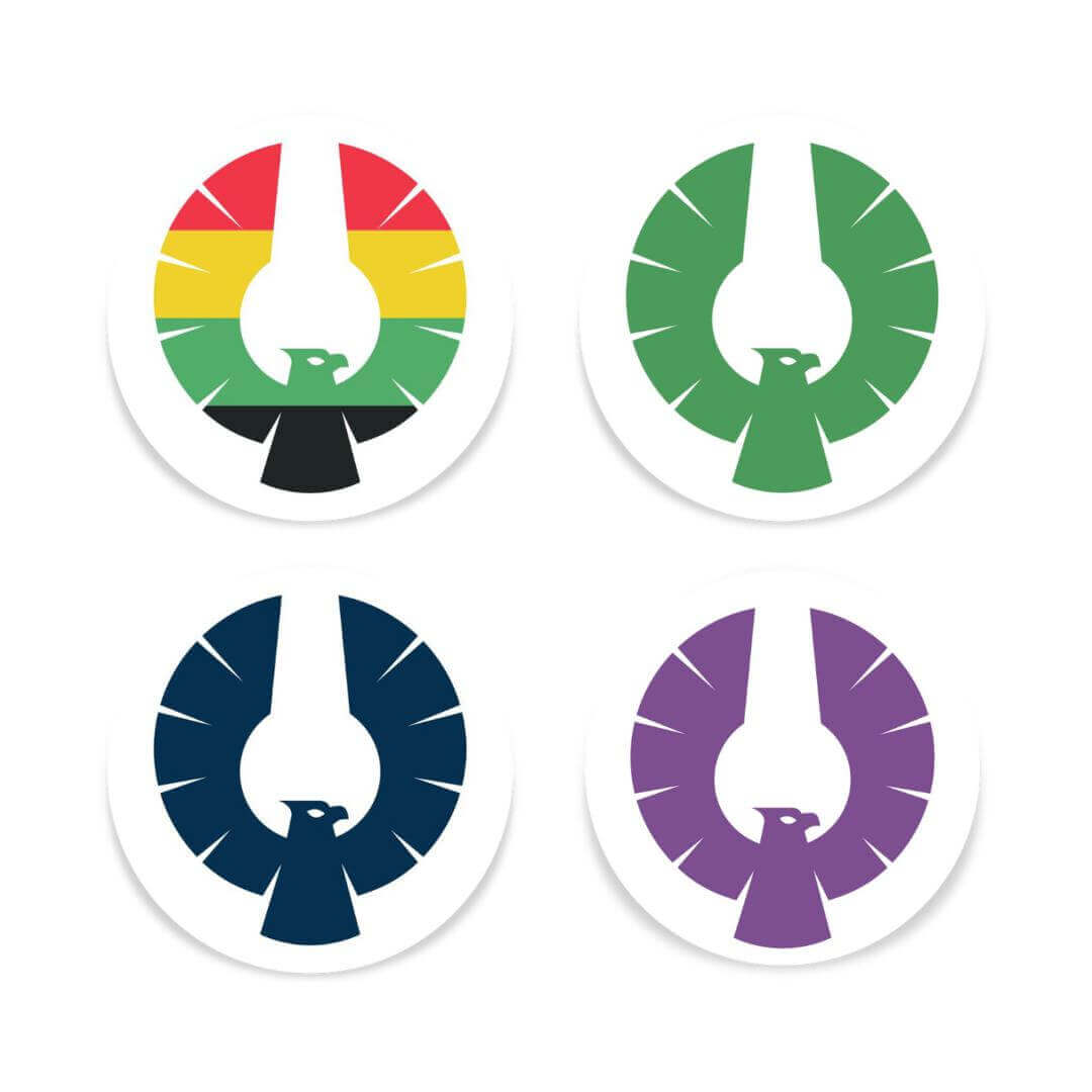 Four assorted Phoenician logo stickers in vibrant colors, ideal for custom weed grinder fans and dispensaries.