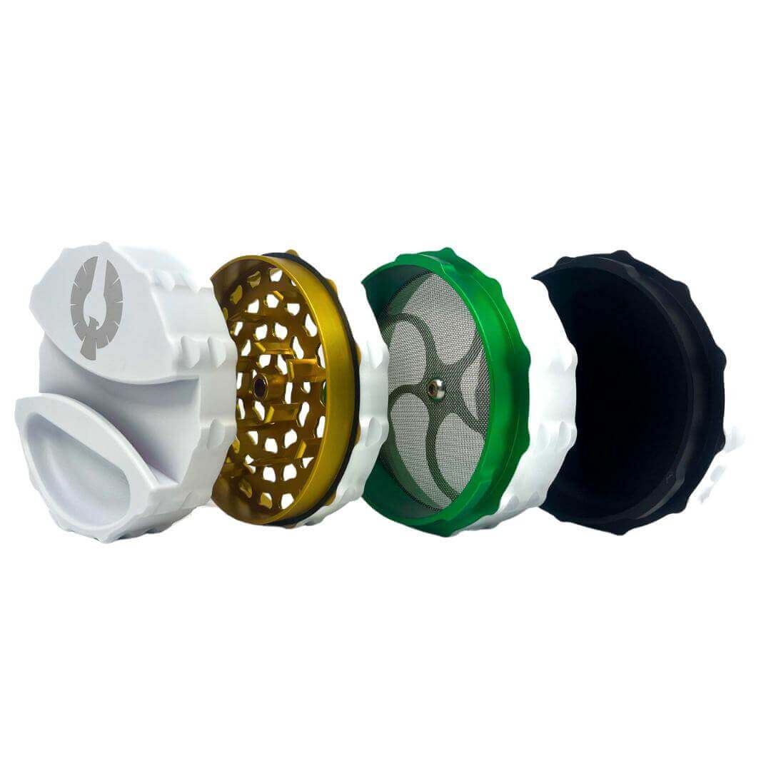 Limited Edition Super Moon herb grinder collection with white, gold, green, and black designs for cannabis enthusiasts.