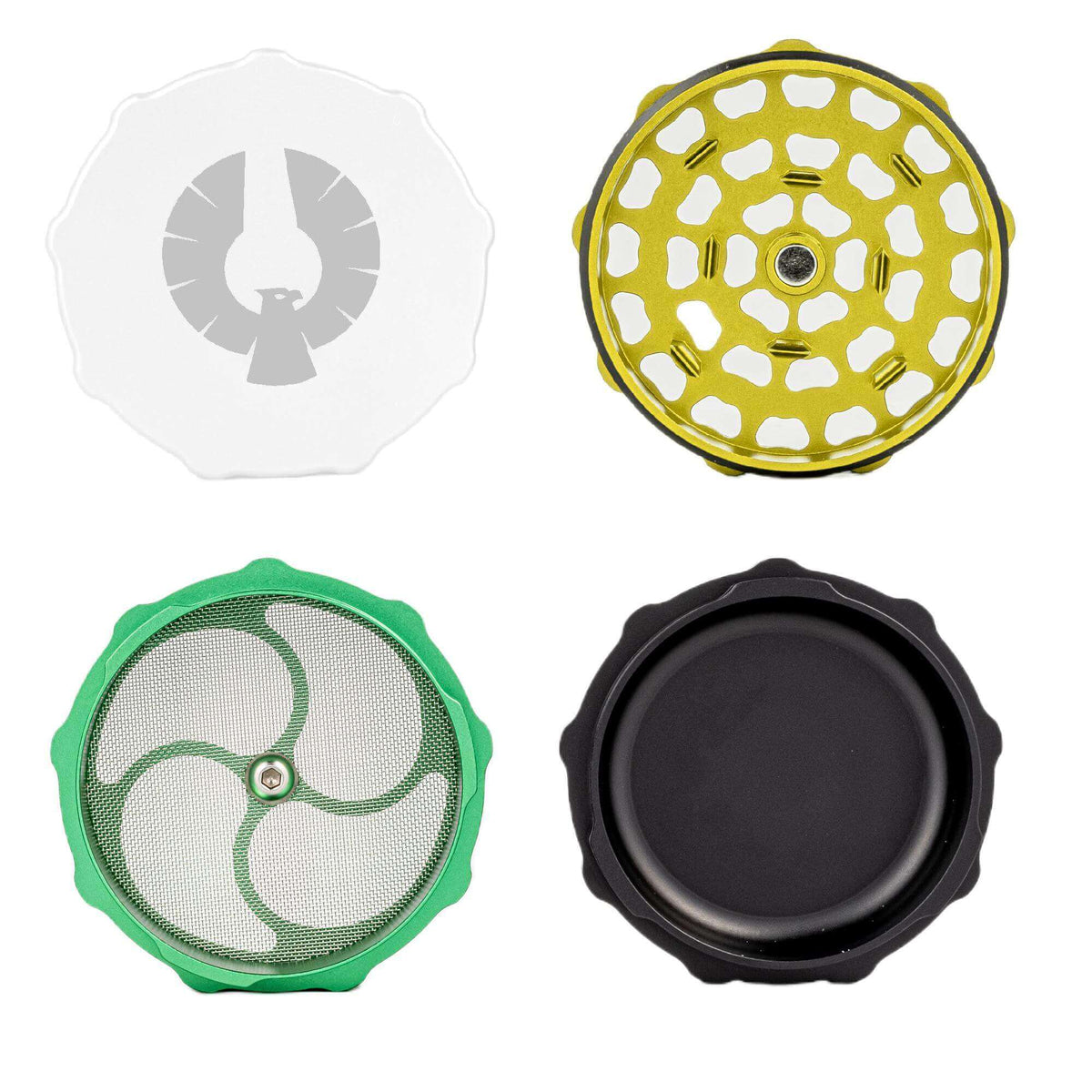Limited Edition Super Moon herb grinder, featuring white, yellow, green, and black designs for cannabis enthusiasts.