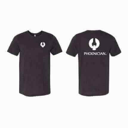 Navy blue unisex t-shirt from Phoenician Grinders featuring logo on front and back, showcasing modern style and comfort.