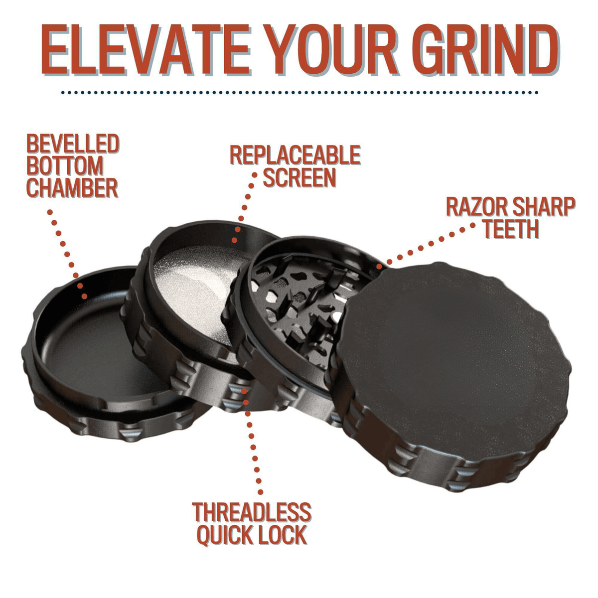 Custom 4 Piece Large Flat Top herb grinder showcasing features like beveled bottom chamber and razor sharp teeth.