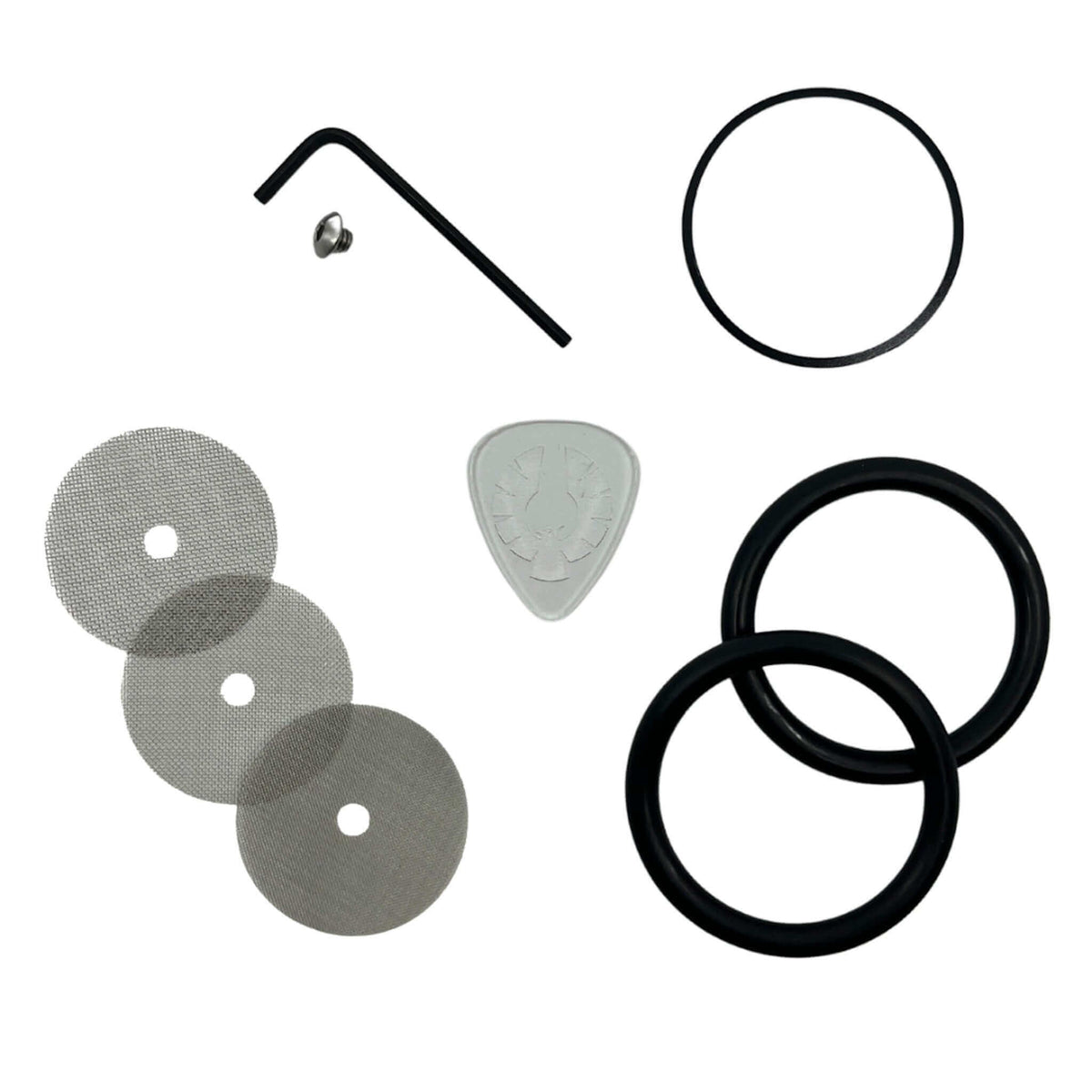 Upgrade Kit components including grinder screens, O-rings, and tools for Phoenician grinder.