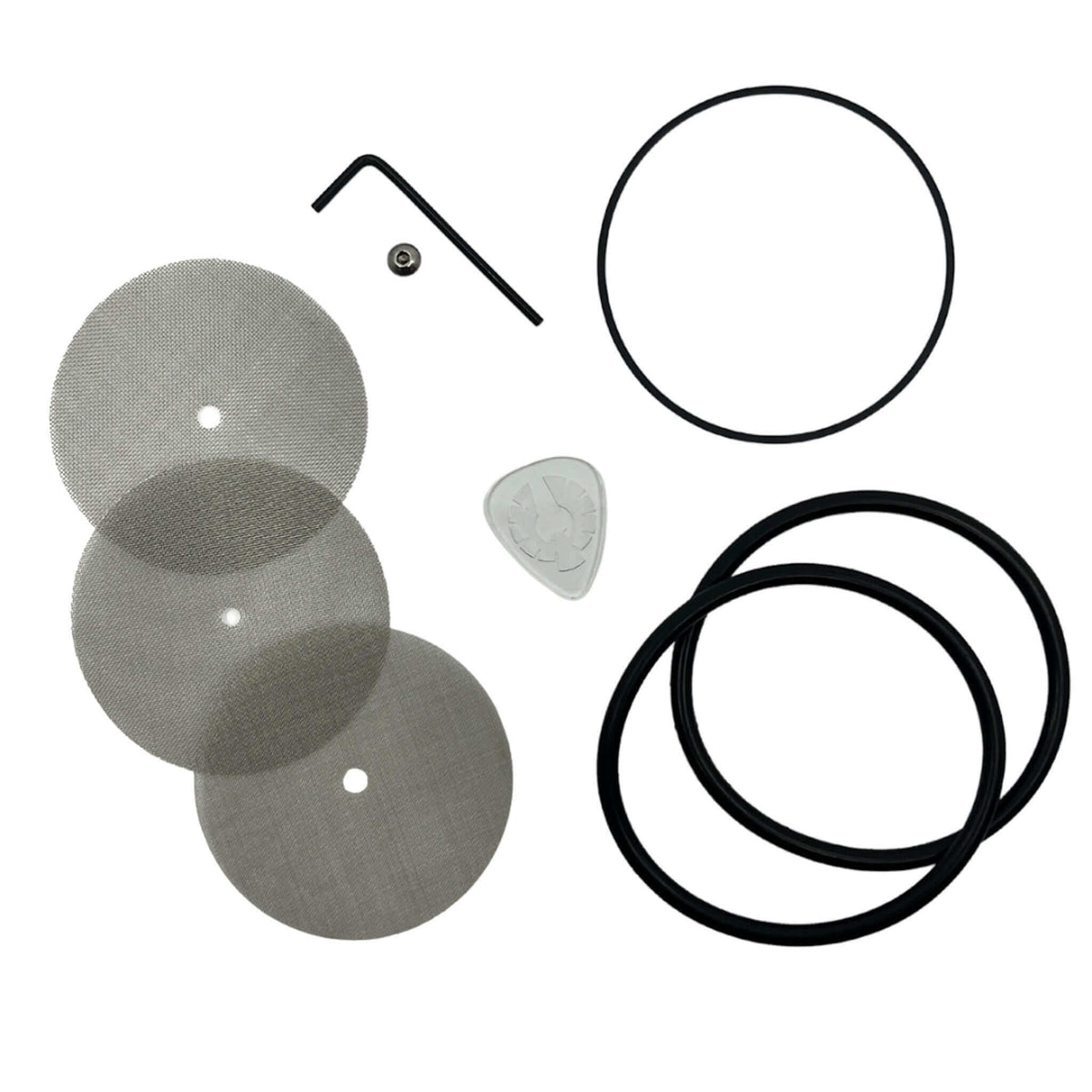Upgrade kit for Phoenician grinder with replacement screens, O-rings, and tools for consistent herb grinding.