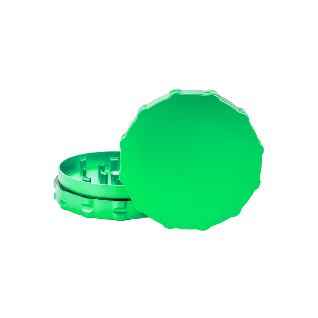 Custom green 2 piece weed grinder designed for dispensaries, showcasing precision and durability for cannabis enthusiasts.