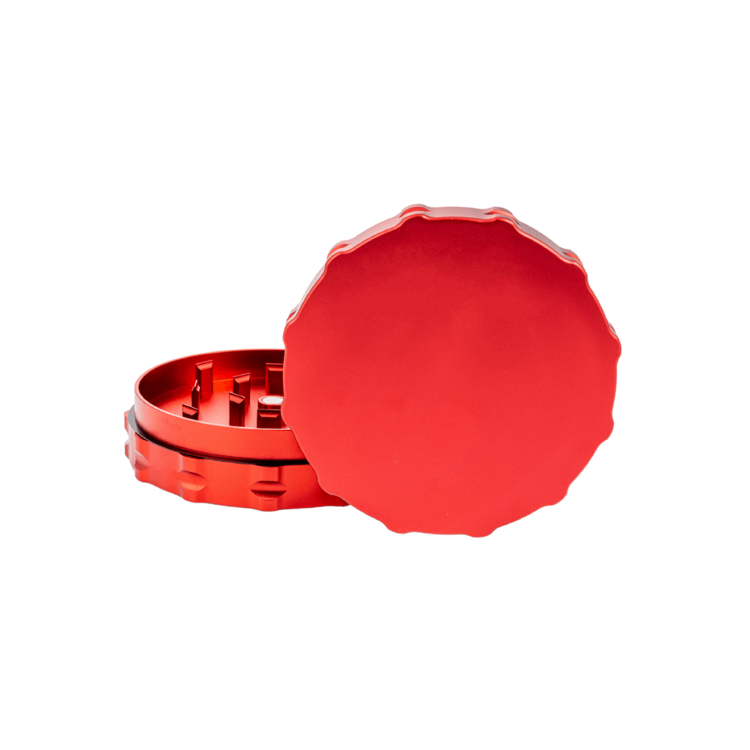 Custom red 2-piece large weed grinder designed for dispensaries, showcasing durability and personalization.