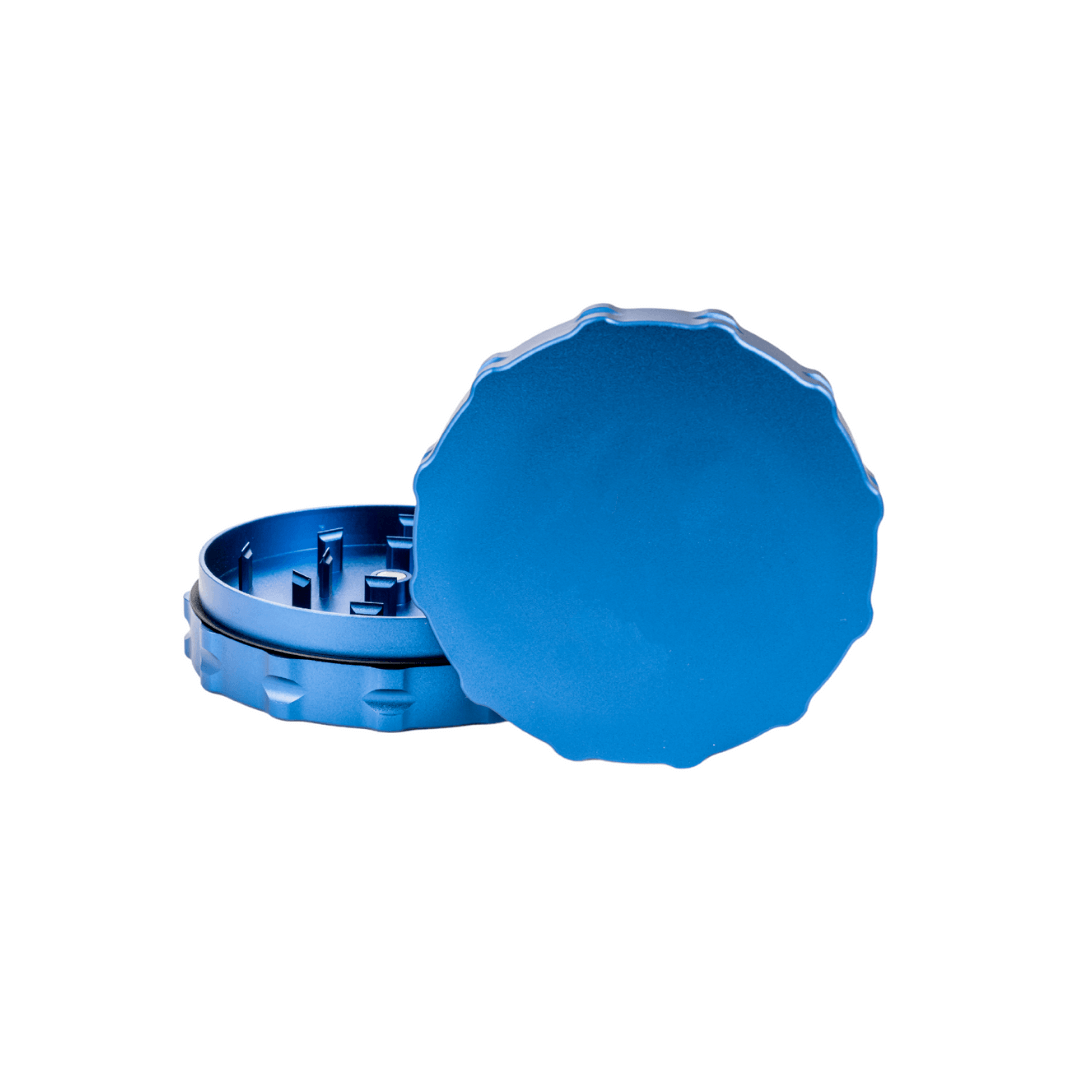 Custom blue 2-piece weed grinder designed for dispensaries, showcasing precision and personalization for cannabis brands.