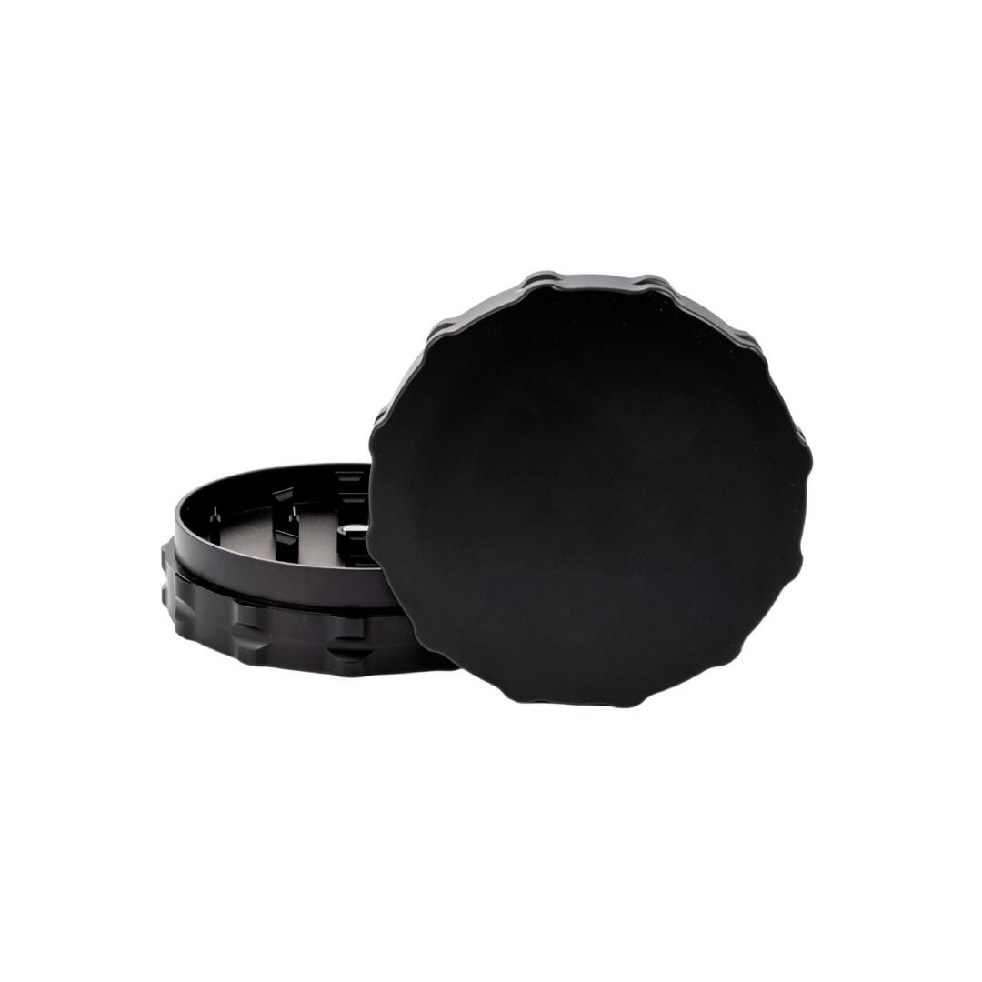 Custom 2-piece large black weed grinder for dispensaries, showcasing sleek design and durability.