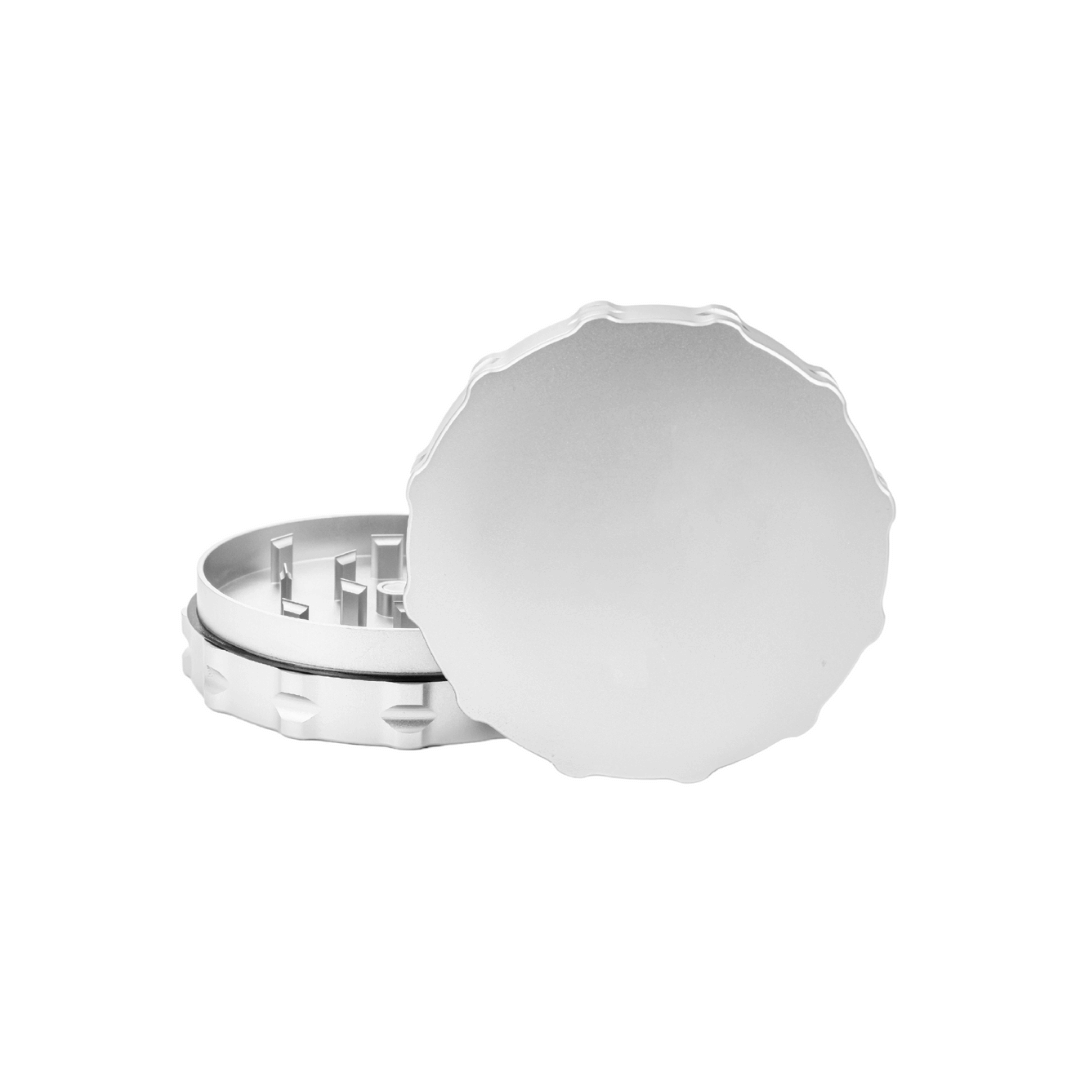 Custom 2-piece large weed grinder for dispensaries, crafted for durability and personalization, perfect for any smokeshop brand.