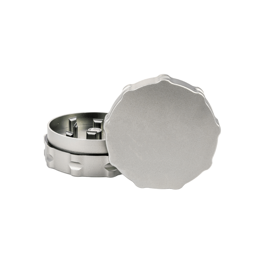 Custom two-piece weed grinder made from aerospace-grade aluminum, ideal for dispensaries and precision grinding.