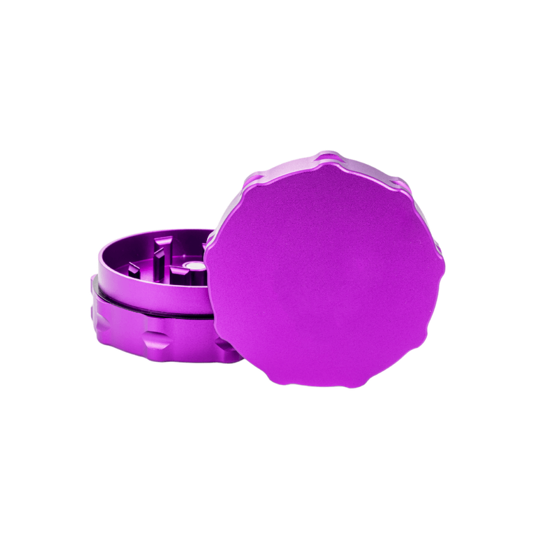 Custom two-piece purple weed grinder made of aerospace-grade aluminum for dispensaries, durable and scratch-resistant.