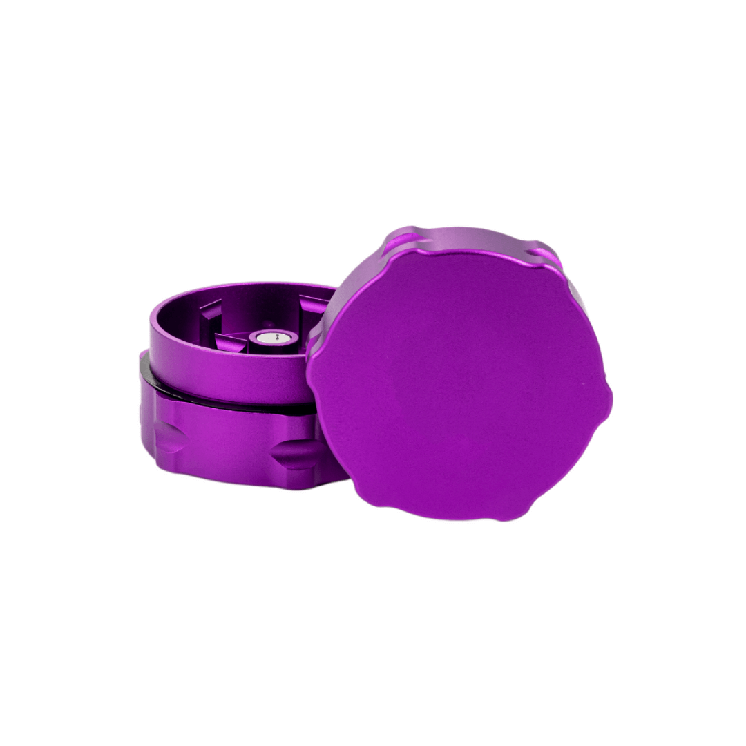 Custom 2 piece purple weed grinder designed for dispensaries, featuring notched grooves and razor-sharp teeth for effortless grinding.