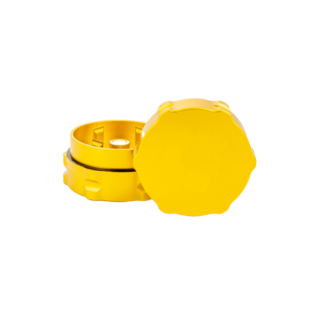 Custom yellow 2-piece weed grinder showcasing durable design for dispensary use and superior grinding performance.
