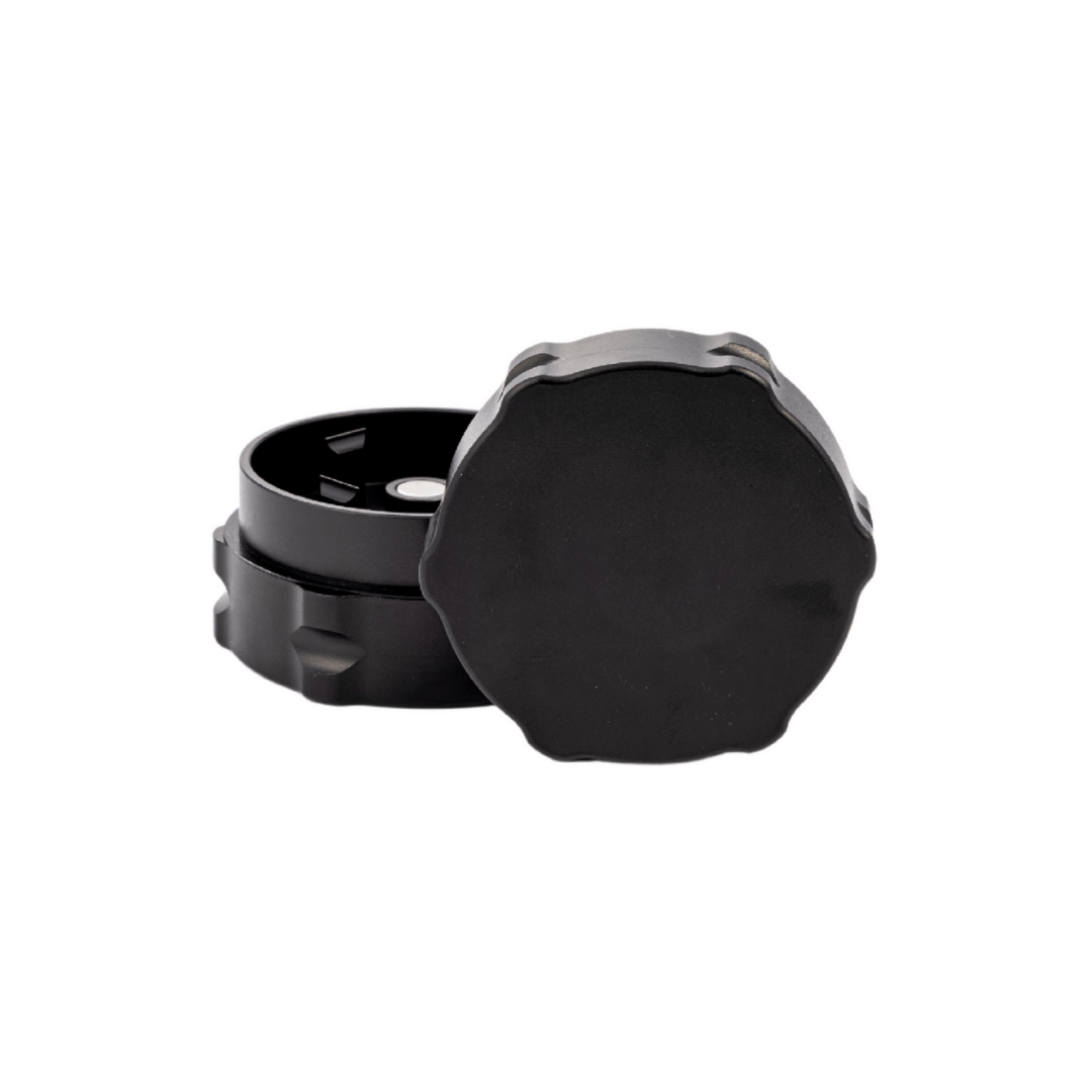 Custom black weed grinder with dual compartments for smooth grinding, ideal for dispensaries.