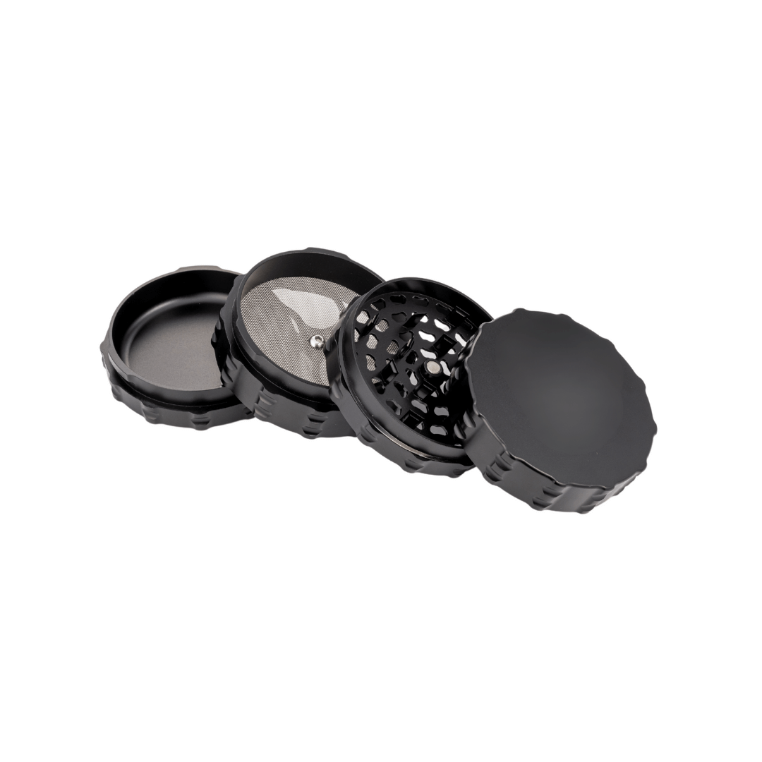 Custom 4 Piece Large Flat Top herb grinder showcasing premium design and functionality for cannabis enthusiasts.