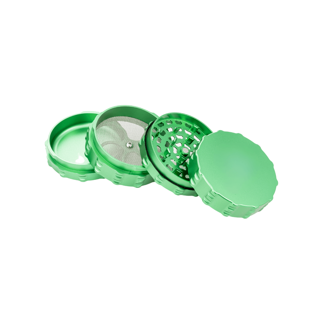 Custom 4 Piece Large Flat Top green herb grinder, premium aluminum design for cannabis connoisseurs, available online.