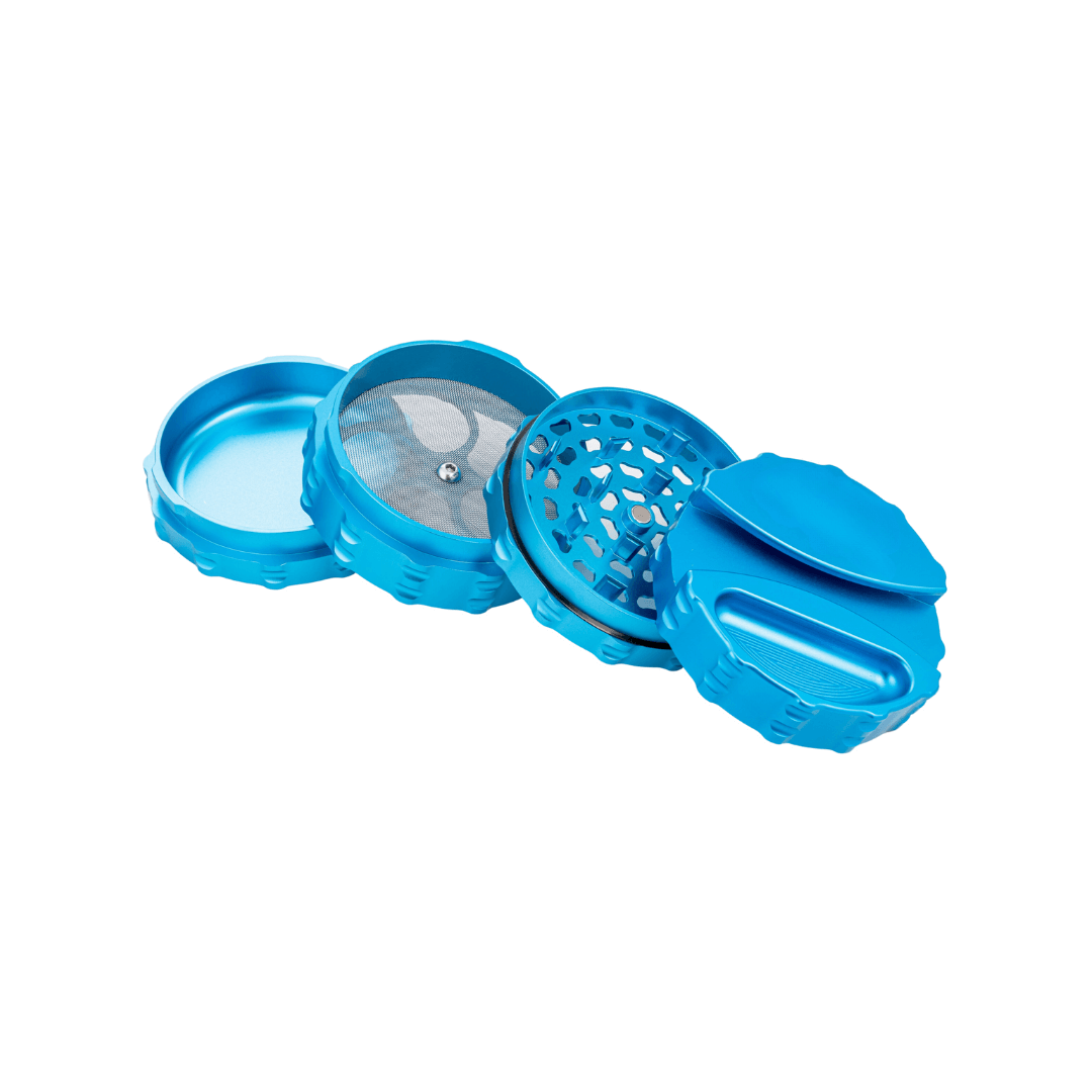 Custom blue 4 piece large weed grinder with paper holder and ashtray, showcasing precision craftsmanship and sleek design.