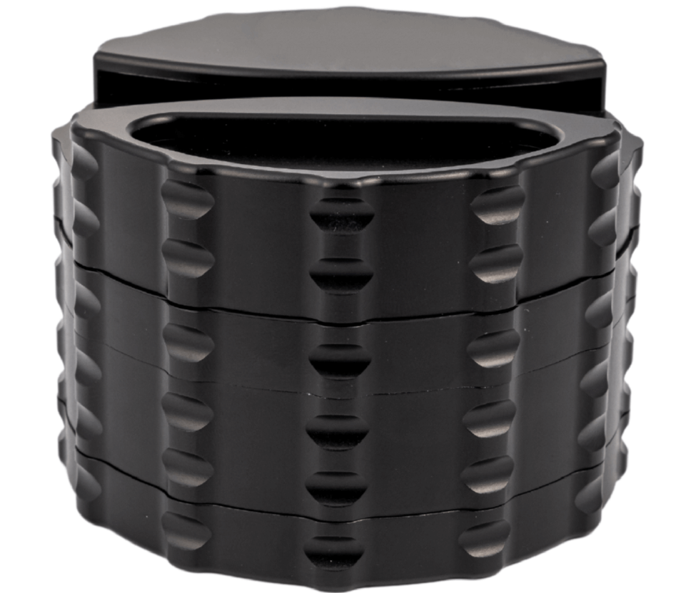 Custom 4 piece large black weed grinder with paper holder and ashtray for enhanced smoking experience.
