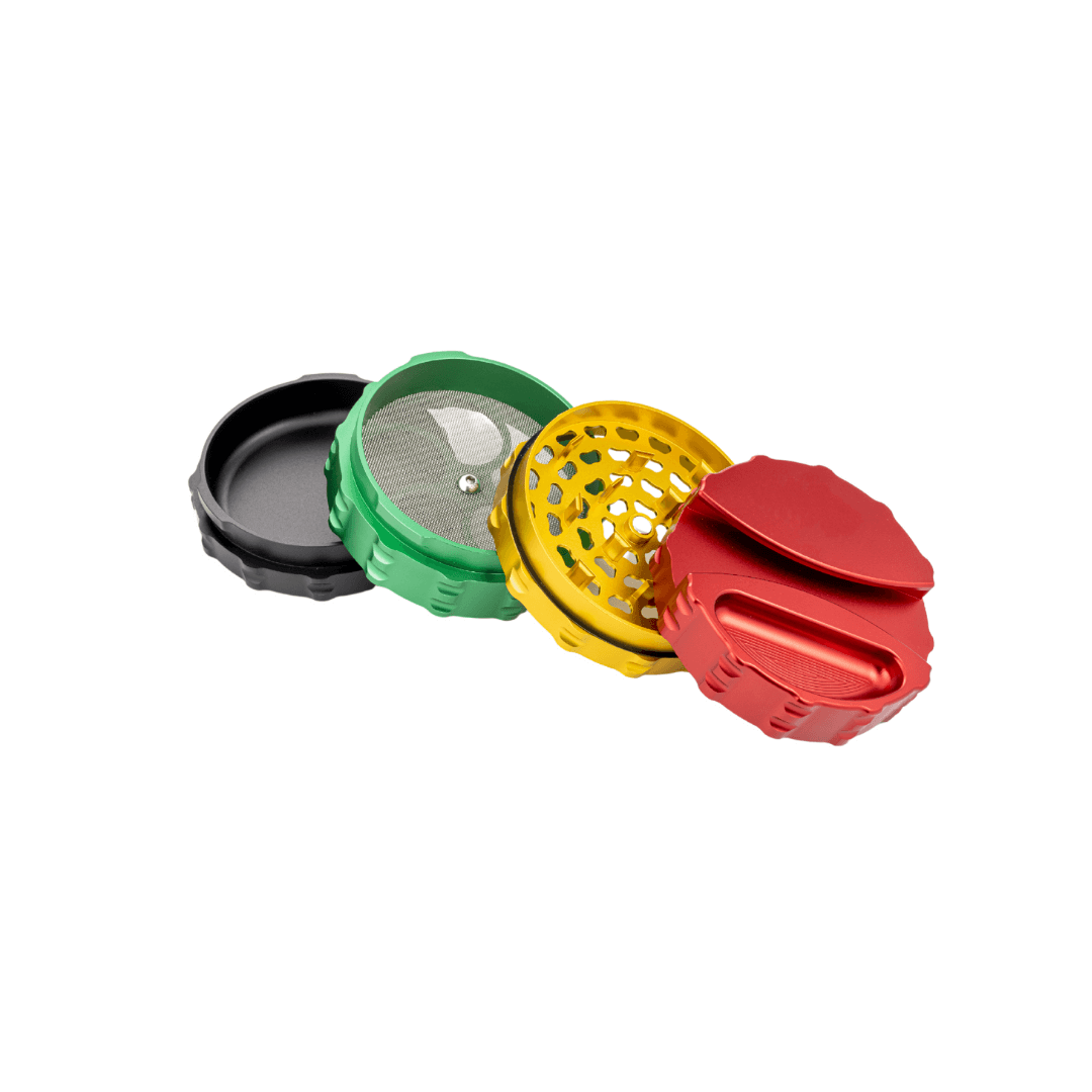 Custom 4 piece large weed grinder in red, green, yellow, and black, designed for optimal cannabis grinding and convenience.
