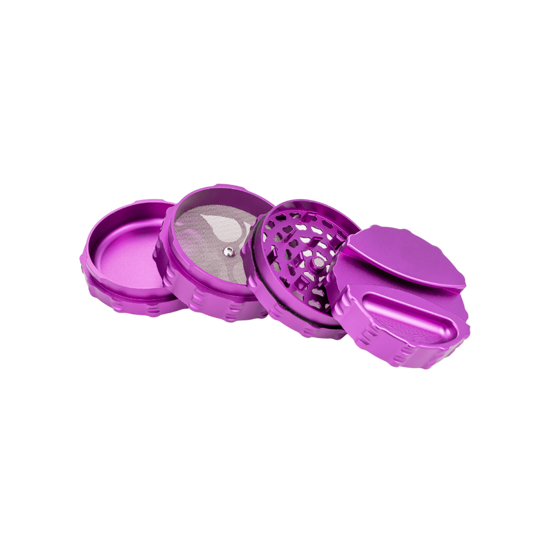 Custom purple 4 piece large weed grinder with mesh screen and separate compartments for enhanced cannabis grinding.