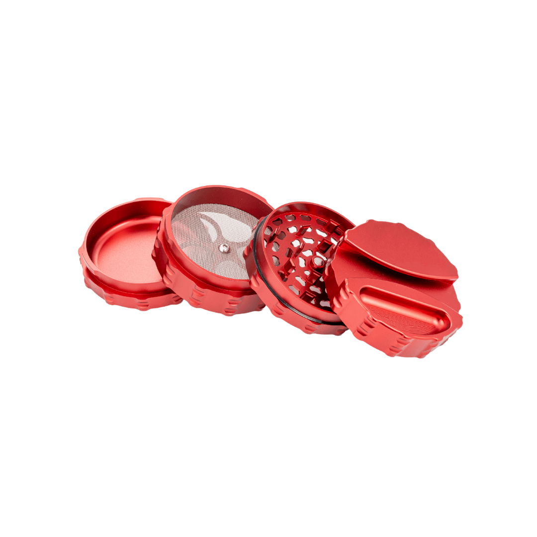 Red 4 piece large weed grinder with integrated paper holder and ashtray, showcasing precision craftsmanship.