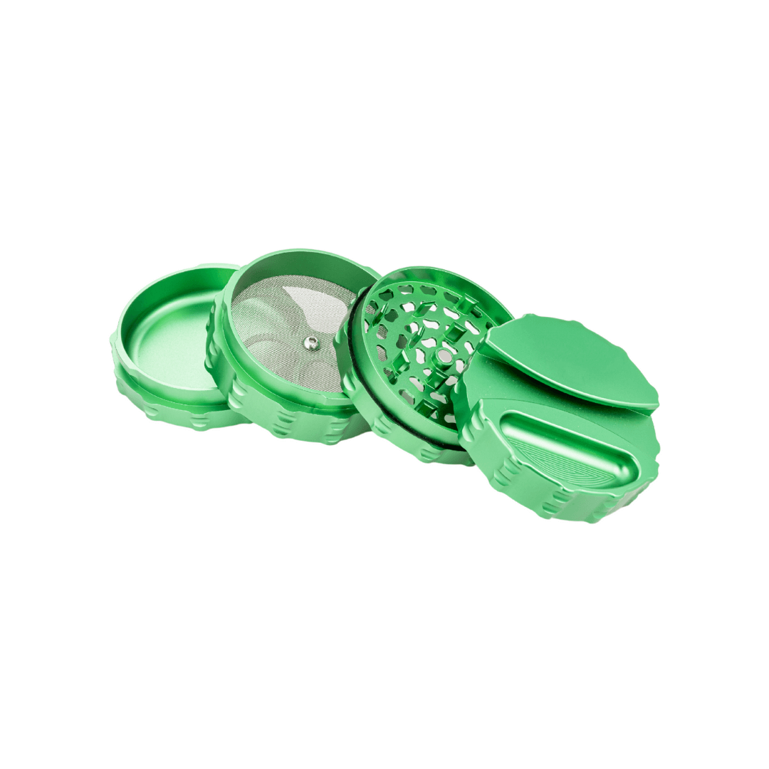 Custom green 4 piece large weed grinder with built-in paper holder and ashtray for cannabis enthusiasts.