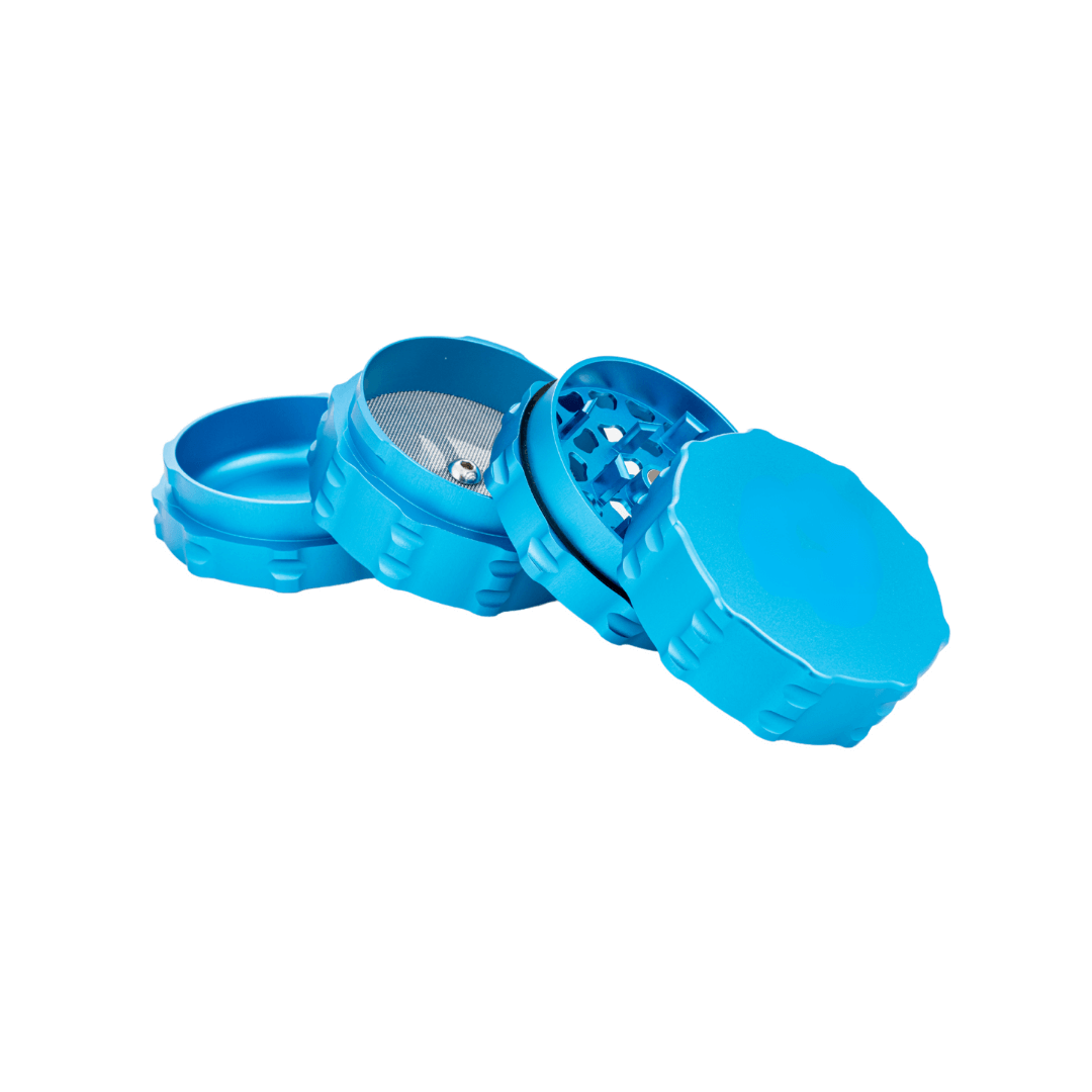 custom 4 piece grinder in blue, showcasing an innovative design for cannabis grinding and seamless performance.