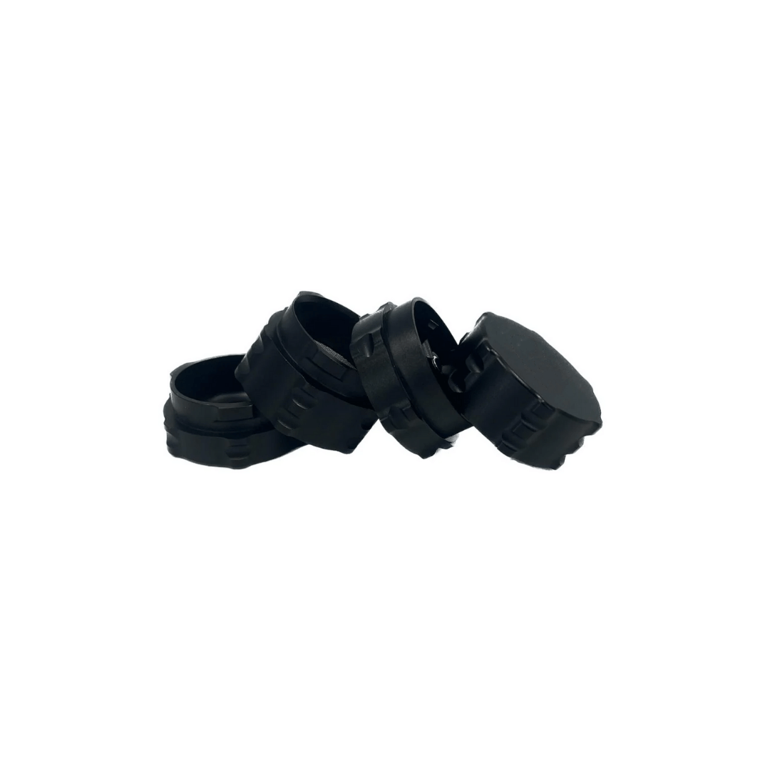 Four black custom weed grinder pieces stacked, ideal for cannabis enthusiasts. bestellen Sie Ihre eigenen online.