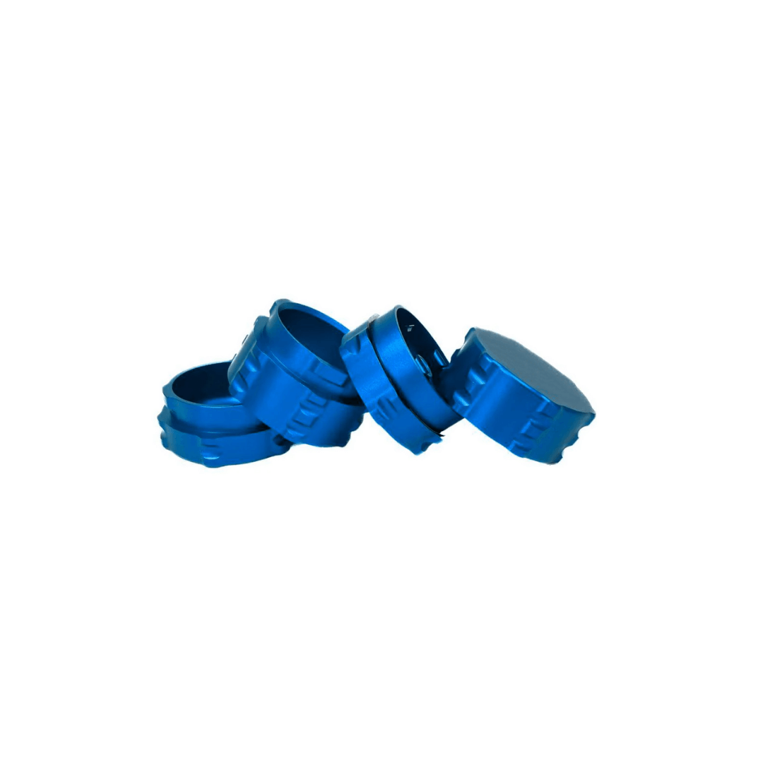 Custom blue 4 piece grinder designed for cannabis enthusiasts, showcasing sleek and innovative features.