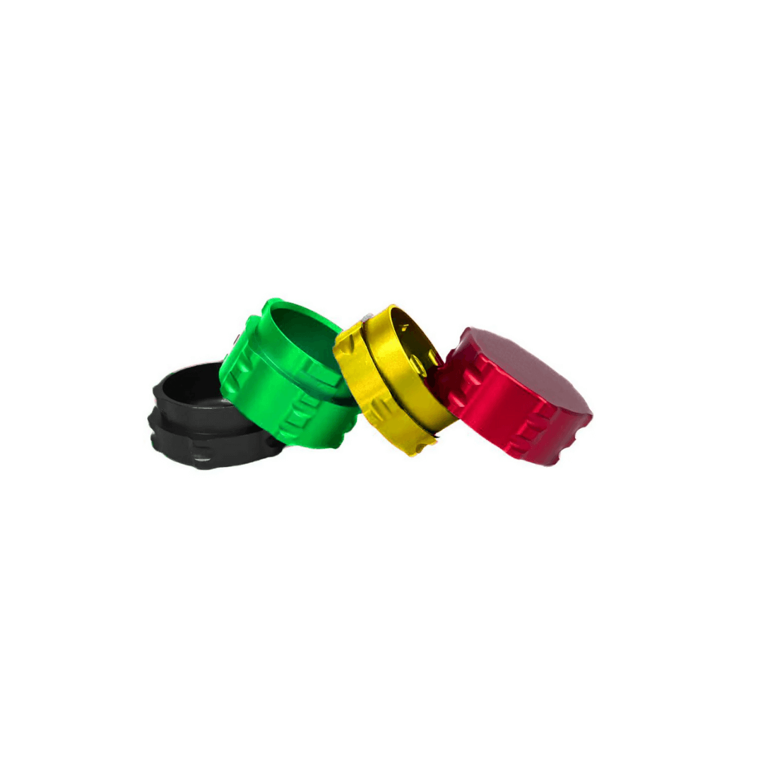 Colorful custom weed grinder caps in red, green, black, and gold for enhanced grinding experience.